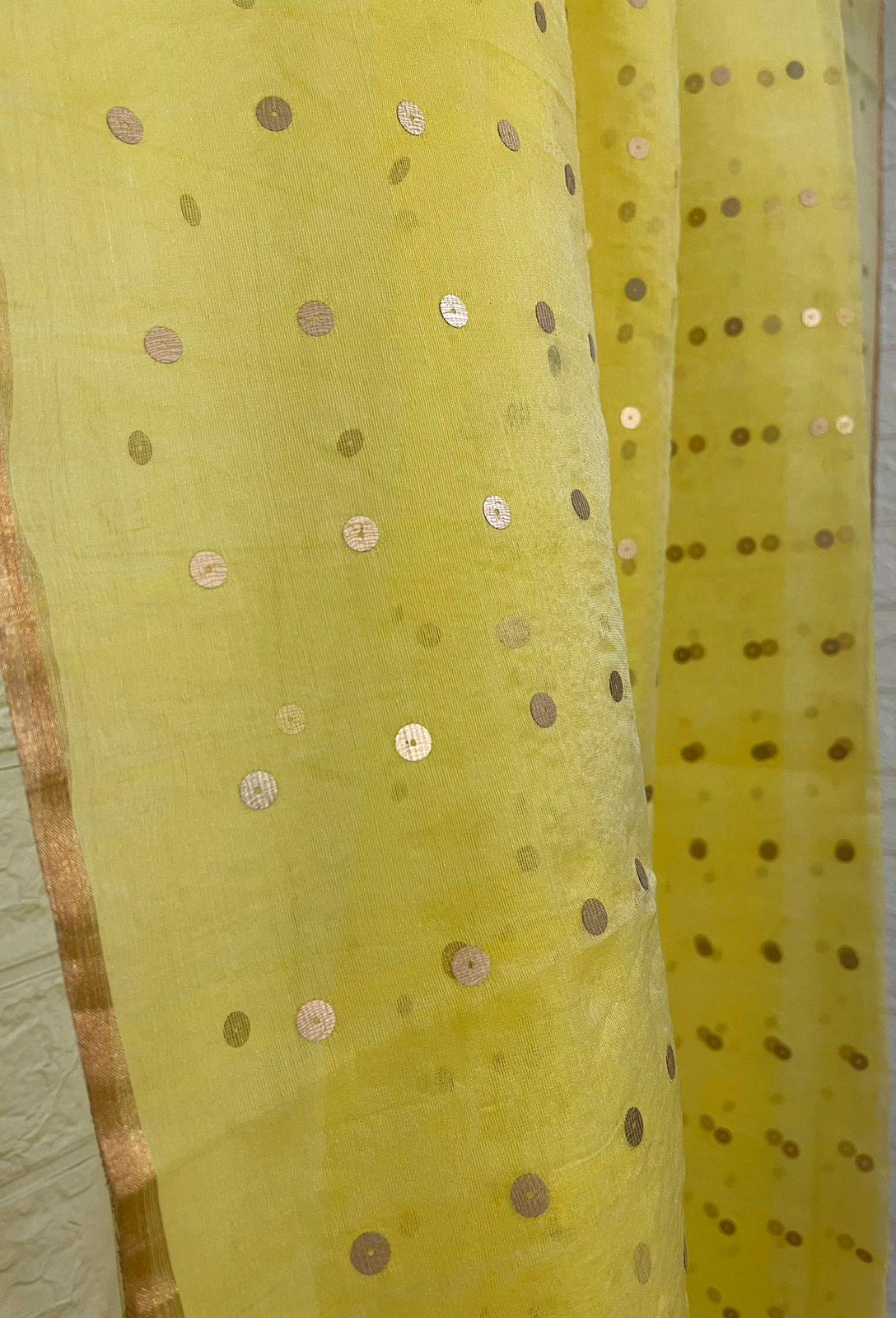 Yellow with zari border paithani sequins handwoven organza silk saree - Tamal Boutique