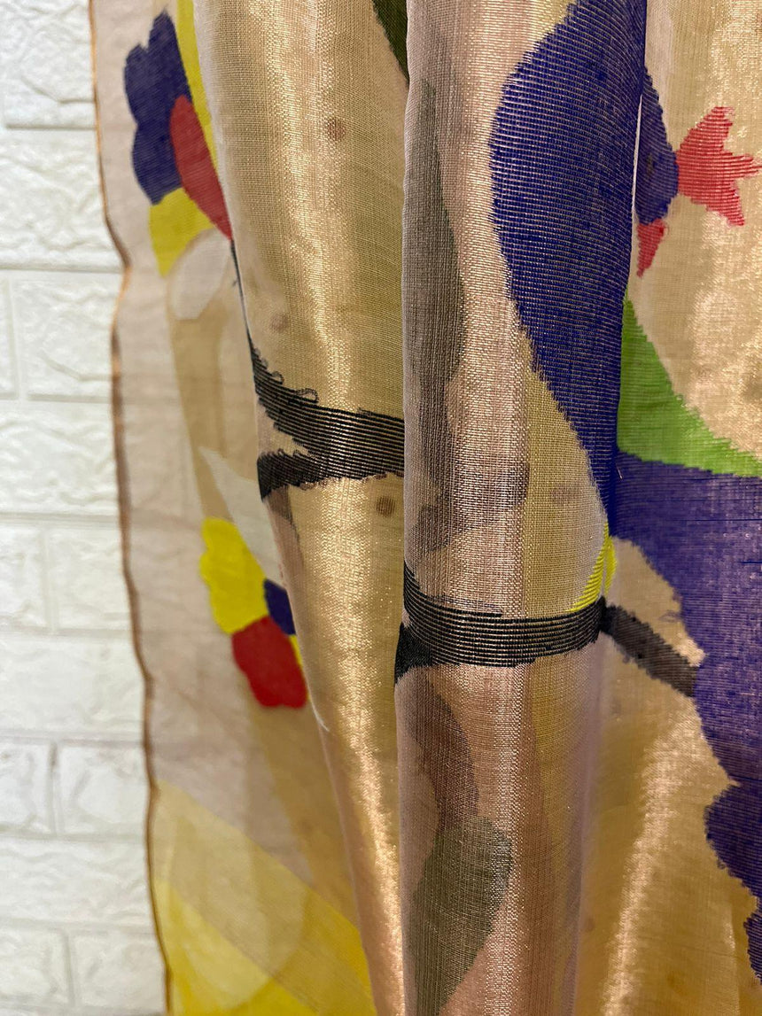 Yellow with zari border paithani sequins handwoven organza silk saree - Tamal Boutique