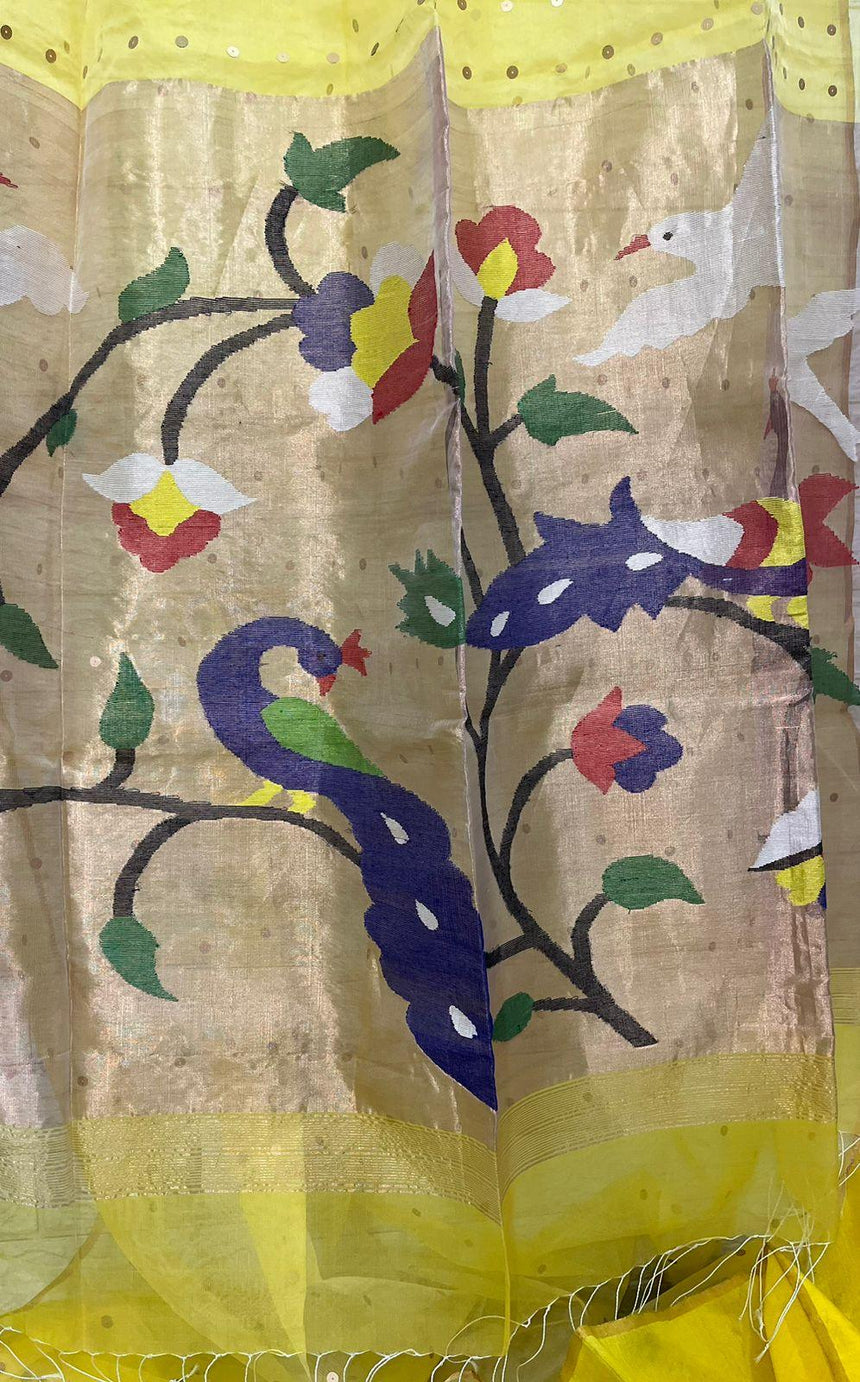 Yellow with zari border paithani sequins handwoven organza silk saree - Tamal Boutique