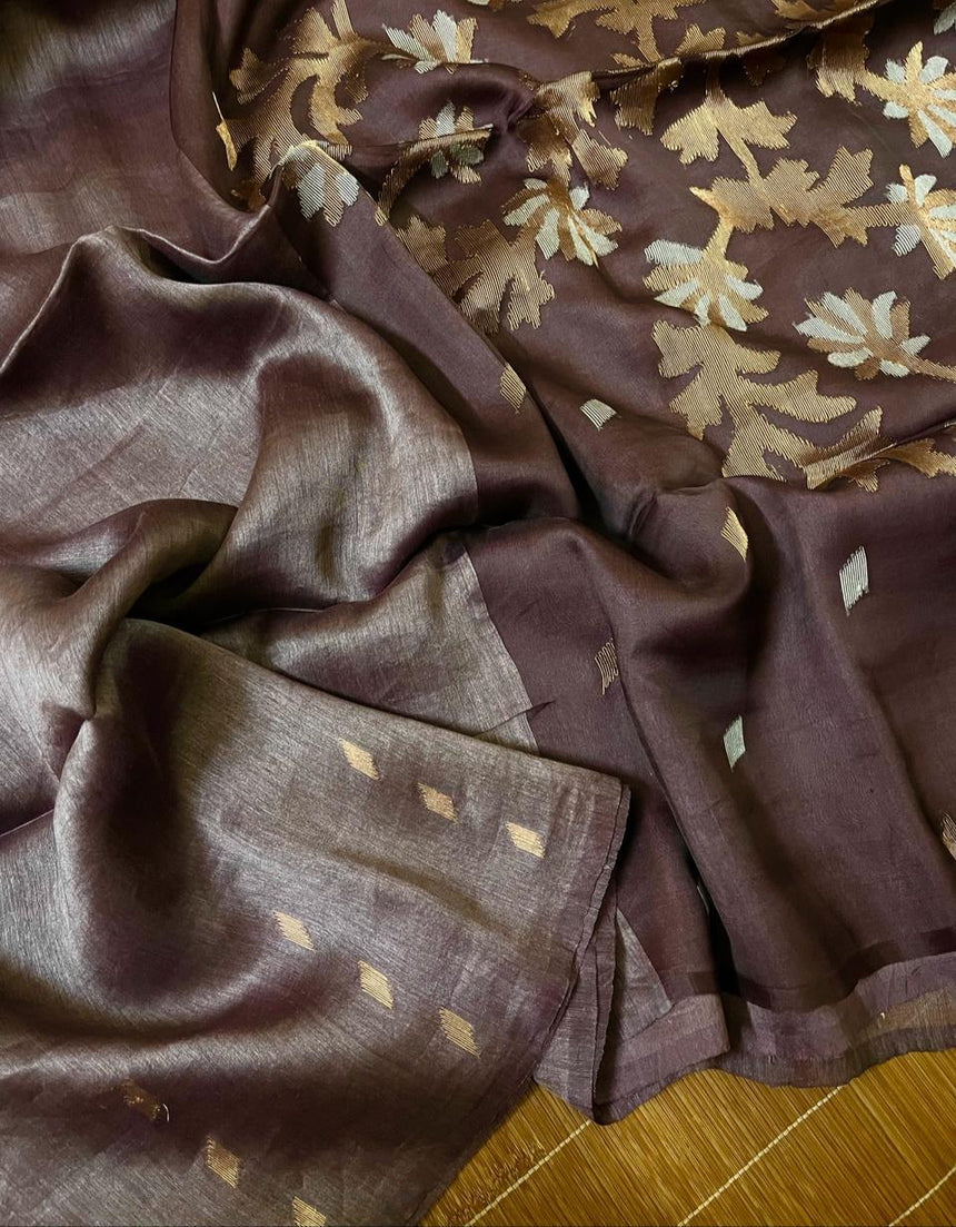 Lavender silk linen handwoven jamdani saree - Tamal Boutique