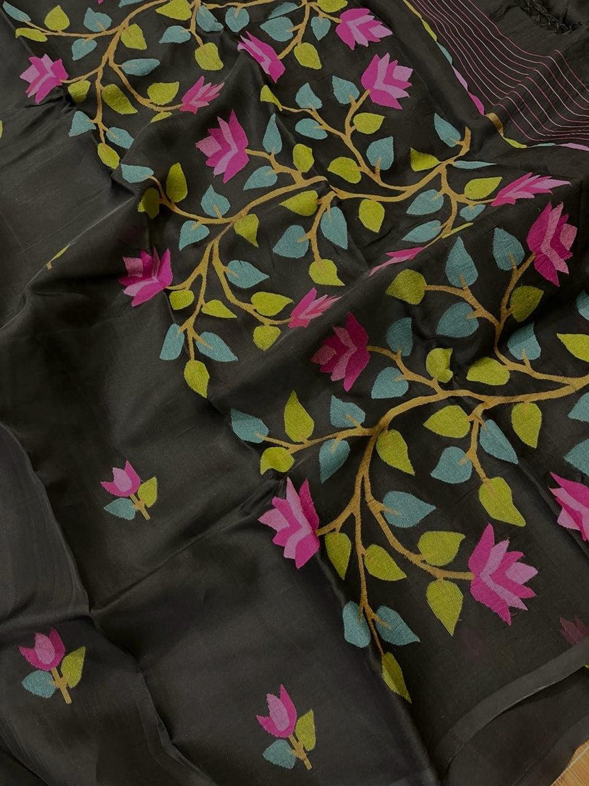 Black With Multi Colour Muslin Silk Handwoven Jamdani Saree - Tamal Boutique