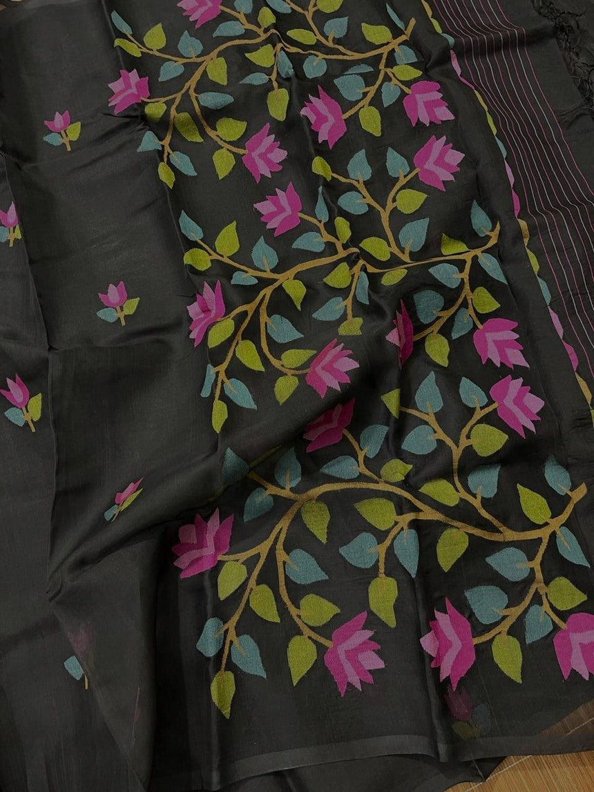 Black With Multi Colour Muslin Silk Handwoven Jamdani Saree - Tamal Boutique