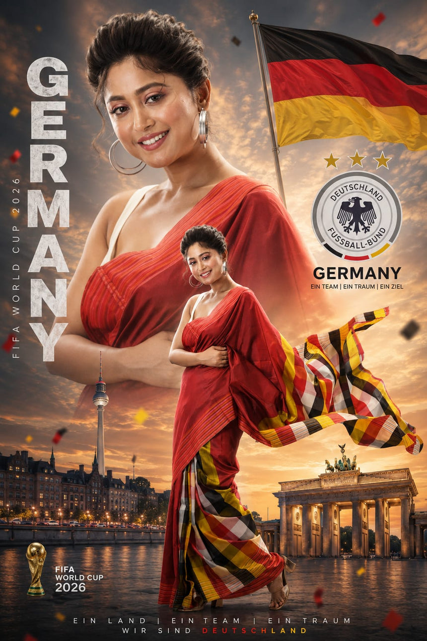 Ruby Red with Multi-Color Pure Katan Silk Patli Pallu Saree – Germany Football Fan FIFA World Cup 2026 Collection