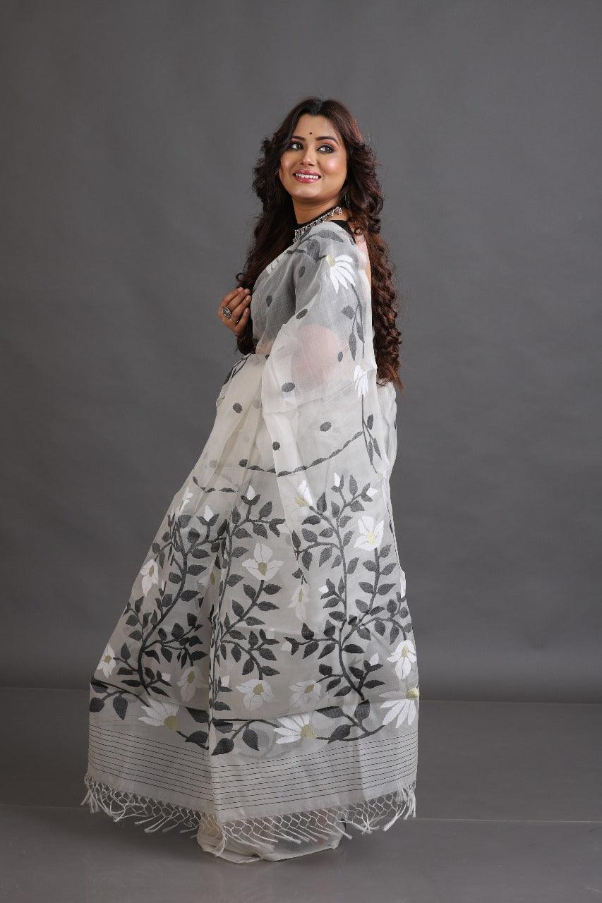 Offwhite with black & white floral muslin silk handwoven jamdani saree - Tamal Boutique
