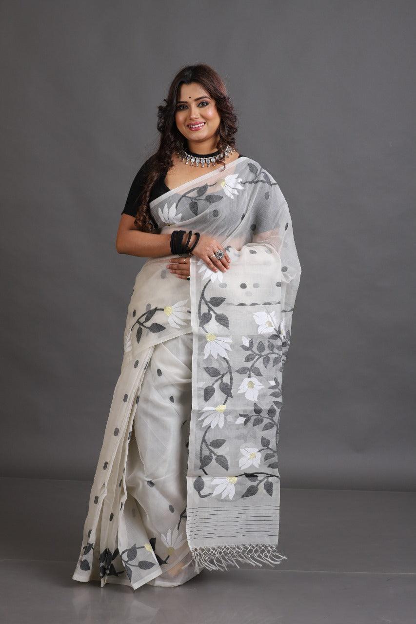 Offwhite with black & white floral muslin silk handwoven jamdani saree - Tamal Boutique