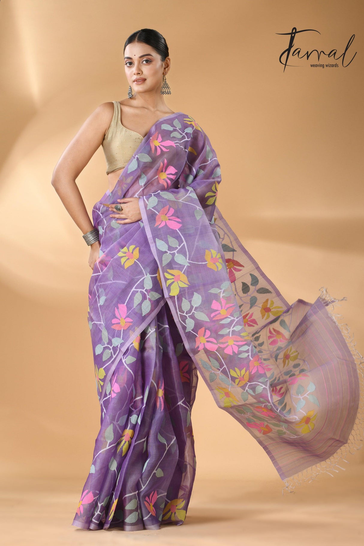 Lavender with multicolour muslin silk allover floral handwoven needle work jamdani saree - Tamal Boutique