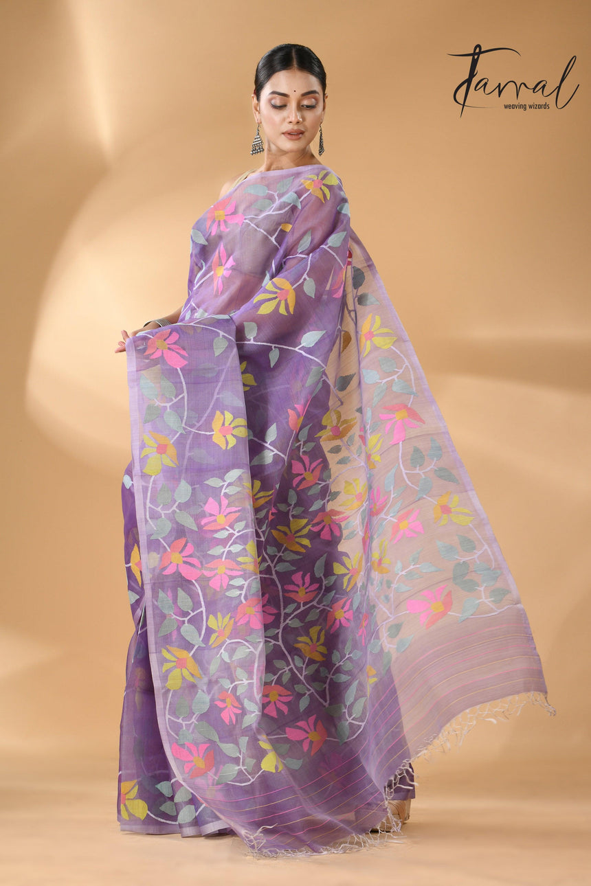 Lavender with multicolour muslin silk allover floral handwoven needle work  jamdani saree - Tamal Boutique