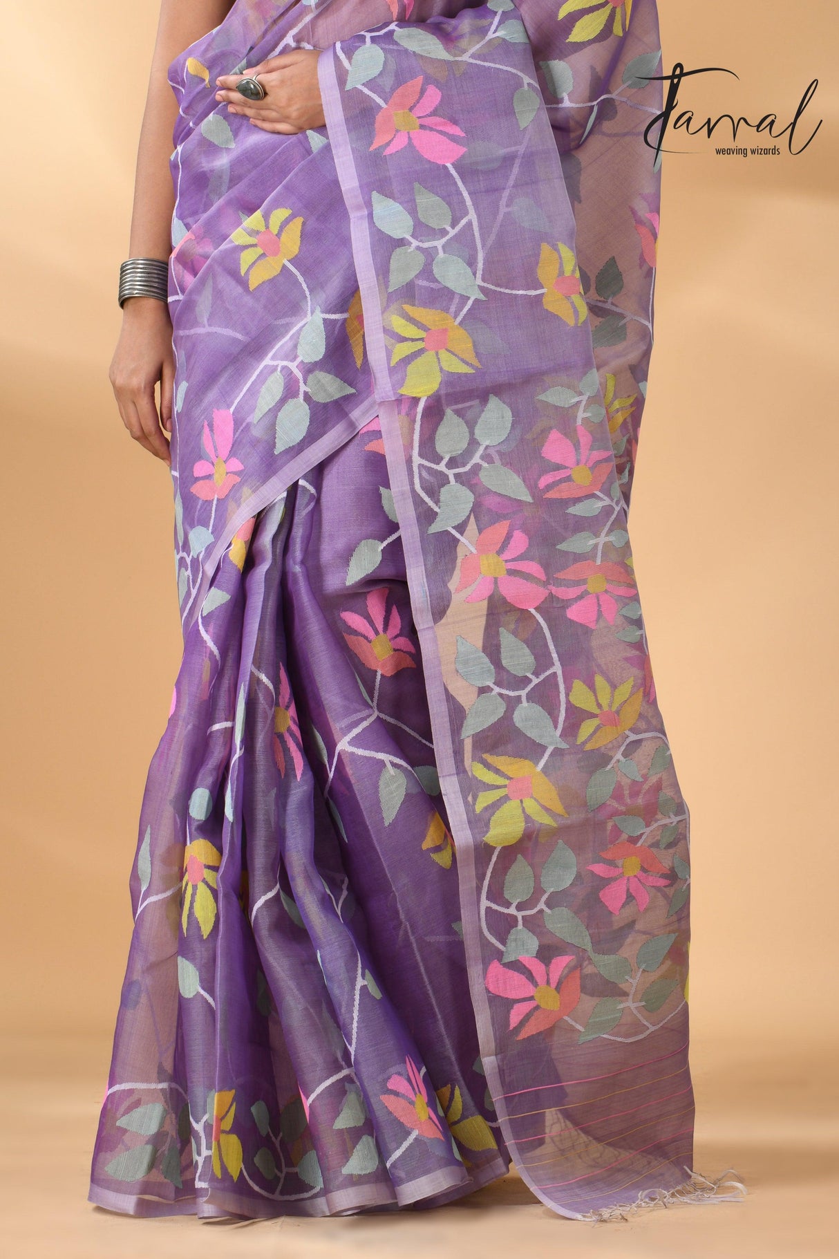 Lavender with multicolour muslin silk allover floral handwoven needle work jamdani saree - Tamal Boutique