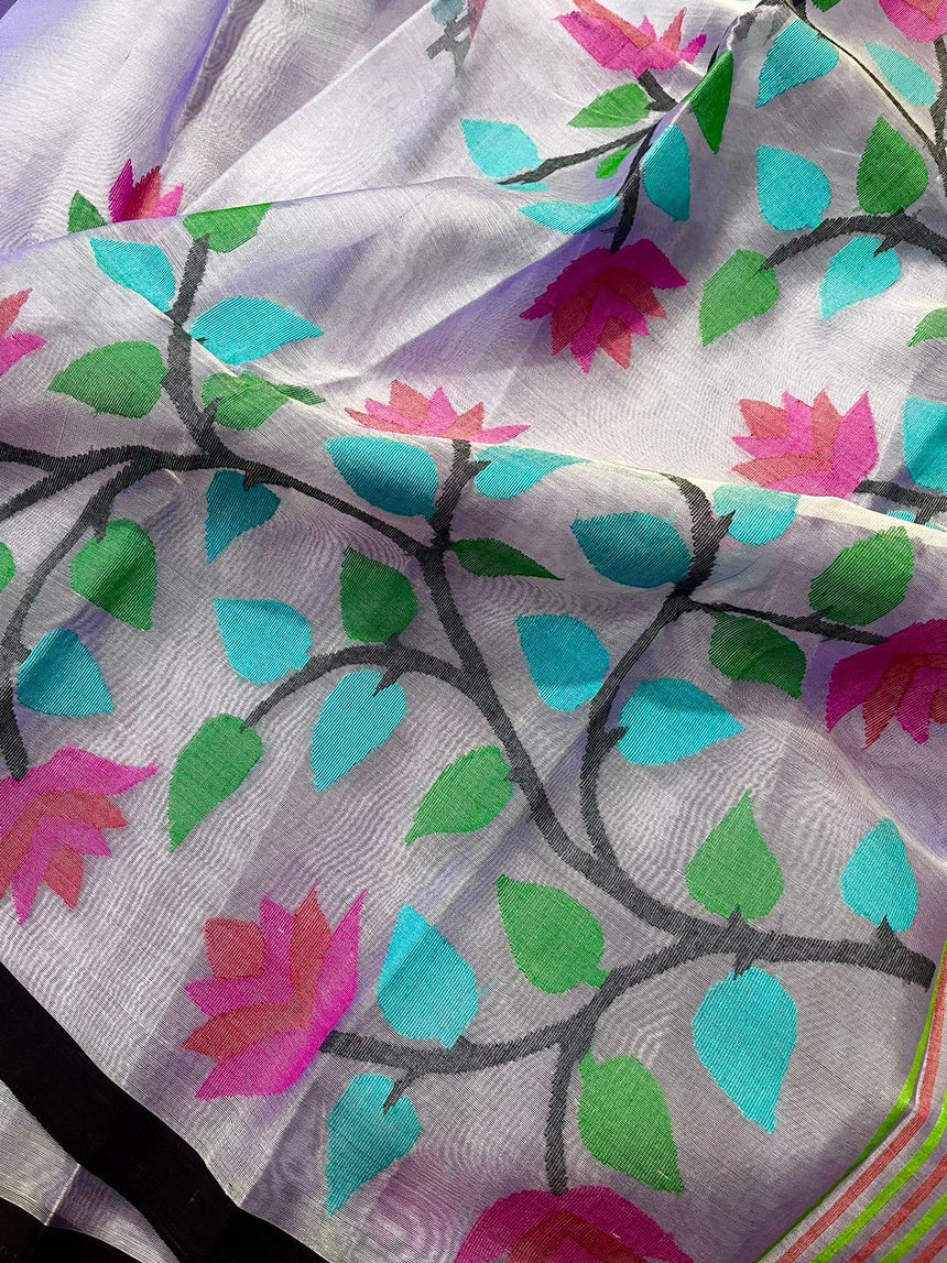 Light lavender with black border and multi colour floral handwoven jamadani saree - Tamal Boutique