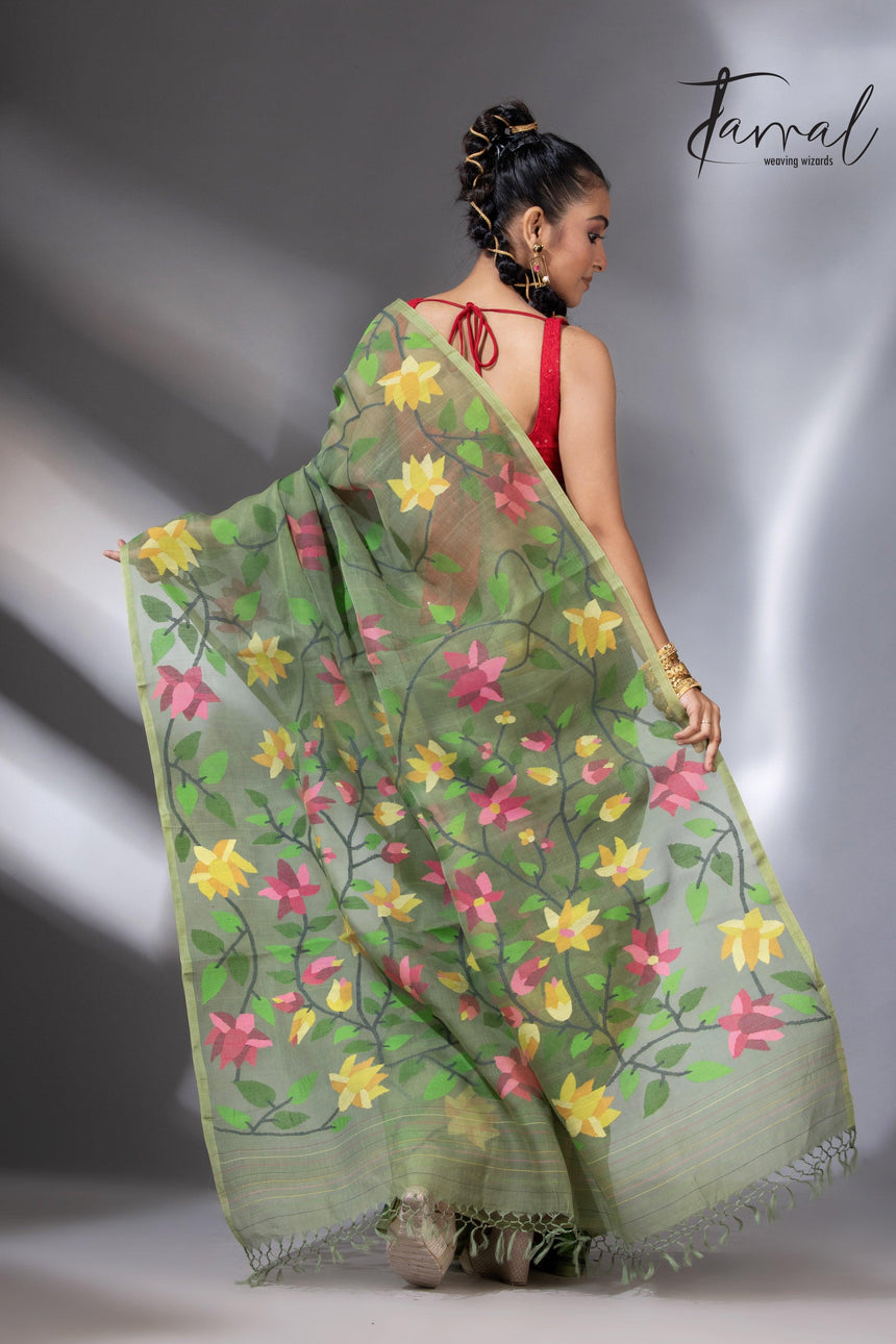 Mos green with multicolour 108 lotus motifs handwoven muslin silk jamdani saree - Tamal Boutique
