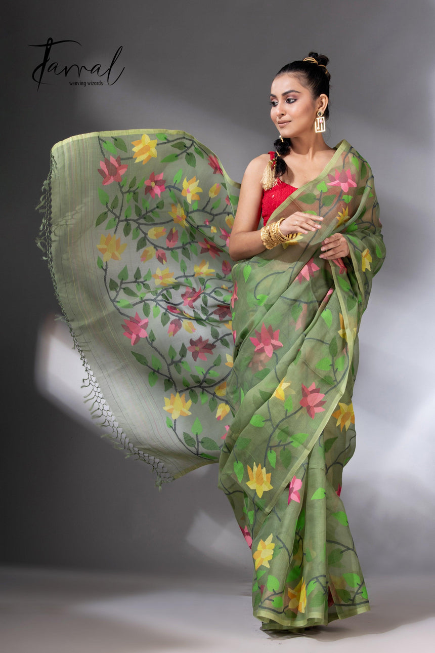 Mos green with multicolour 108 lotus motifs handwoven muslin silk jamdani saree - Tamal Boutique