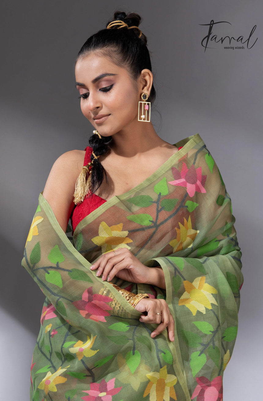 Mos green with multicolour 108 lotus motifs handwoven muslin silk jamdani saree - Tamal Boutique