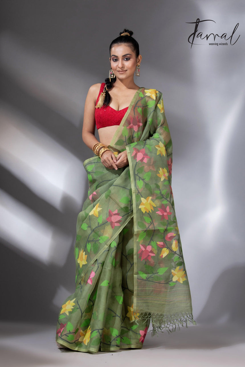 Mos green with multicolour 108 lotus motifs handwoven muslin silk jamdani saree - Tamal Boutique