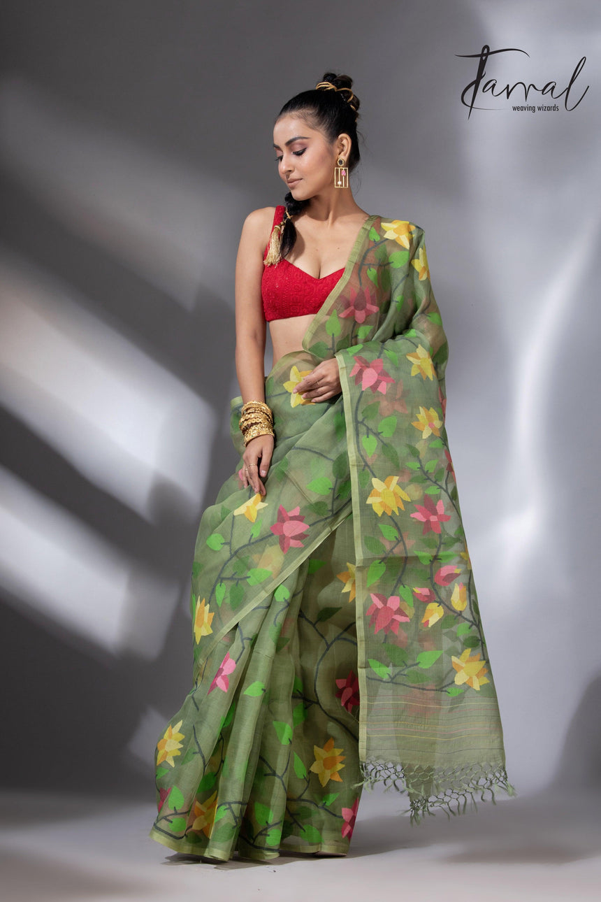Mos green with multicolour 108 lotus motifs handwoven muslin silk jamdani saree - Tamal Boutique