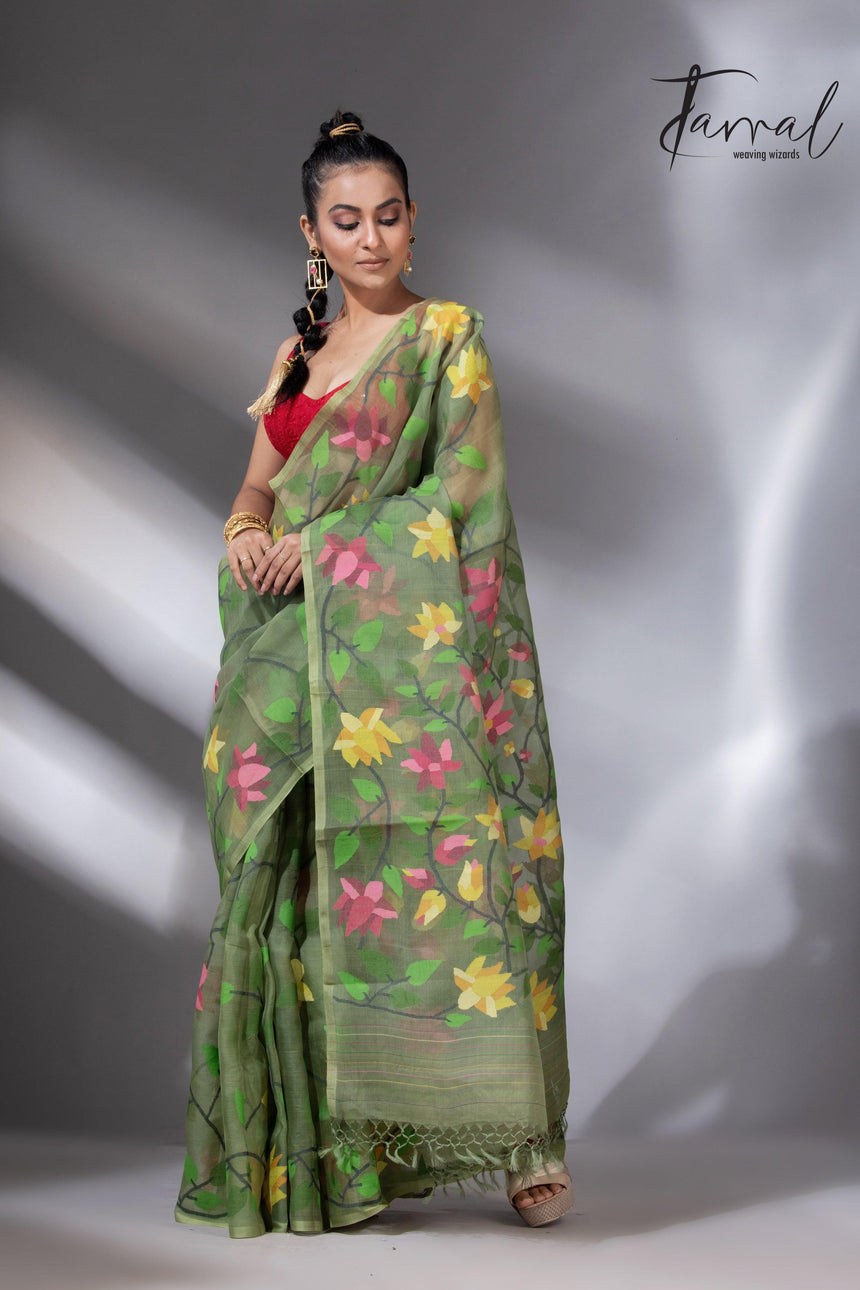 Mos green with multicolour 108 lotus motifs handwoven muslin silk jamdani saree - Tamal Boutique