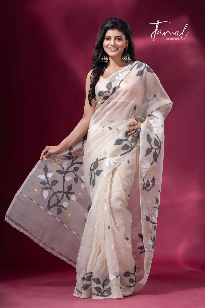offwhite floral border muslin silk handwoven jamdani saree