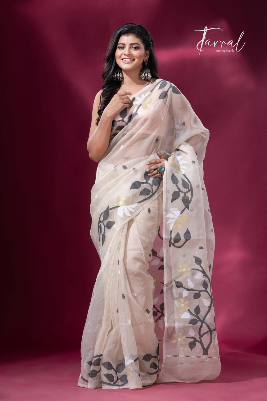 offwhite floral border muslin silk handwoven jamdani saree full1