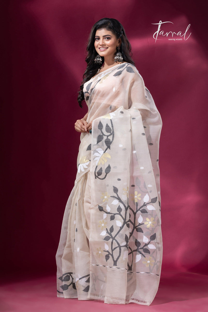 offwhite floral border muslin silk handwoven jamdani saree full2
