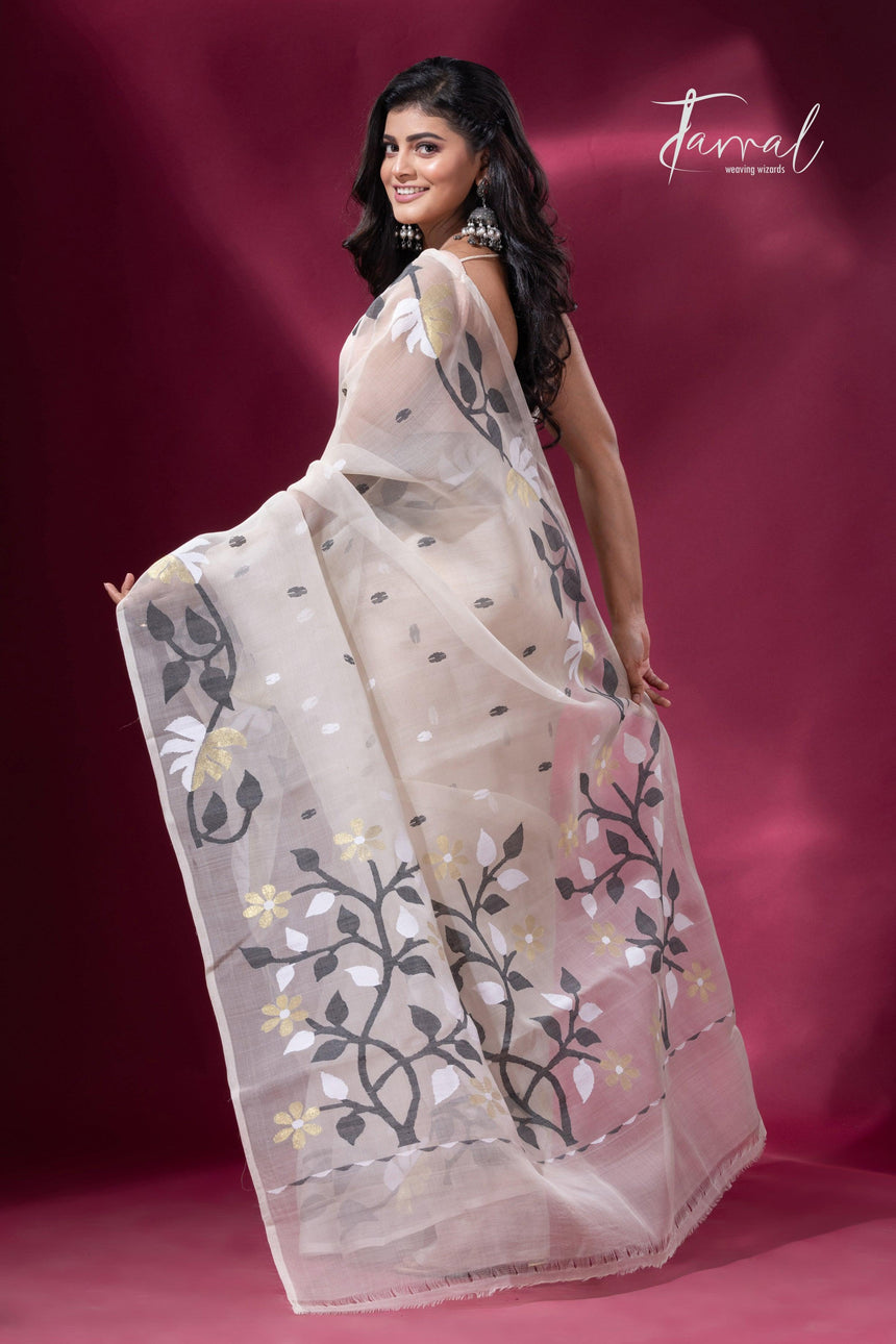offwhite floral border muslin silk handwoven jamdani saree full