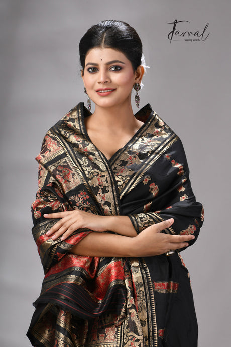 Black Bishnupuri Swarnachari Silk Saree with Multicolour Zari Motifs – Handwoven Traditional Katan Silk Saree from Bengal