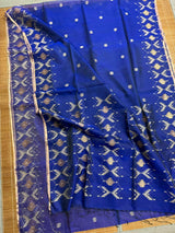 Indigo with zari border handwoven jamdani saree - Tamal Boutique