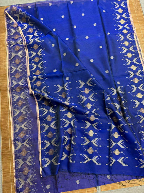 Indigo with zari border handwoven jamdani saree - Tamal Boutique