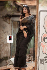 Black thoka silk linen handwoven jamdani saree - Tamal Boutique