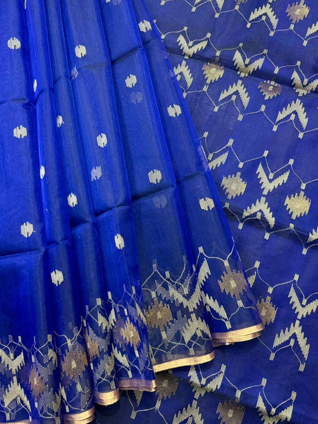 Indigo with zari border handwoven jamdani saree - Tamal Boutique