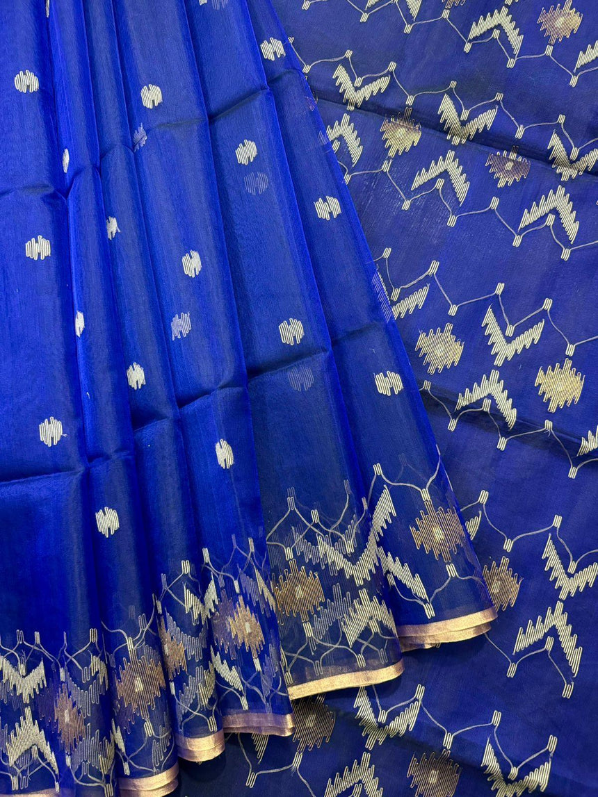 Indigo with zari border handwoven jamdani saree - Tamal Boutique