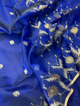 Indigo with zari border handwoven jamdani saree - Tamal Boutique