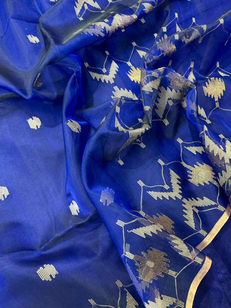 Indigo with zari border handwoven jamdani saree - Tamal Boutique