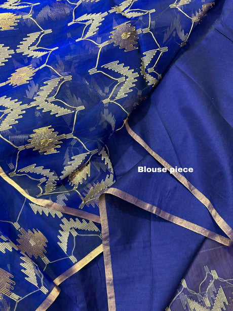 Indigo with zari border handwoven jamdani saree - Tamal Boutique