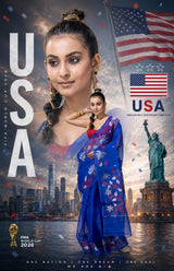 Deep Blue Muslin Silk Jamdani Saree With Red & Golden Floral Border – USA Football Fan FIFA World Cup 2026 Collection