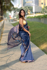 Dusty Indigo Blue With Zari Border Silk Linen Handwoven Jamdani Saree