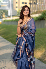 Dusty Indigo Blue With Zari Border Silk Linen Handwoven Jamdani Saree