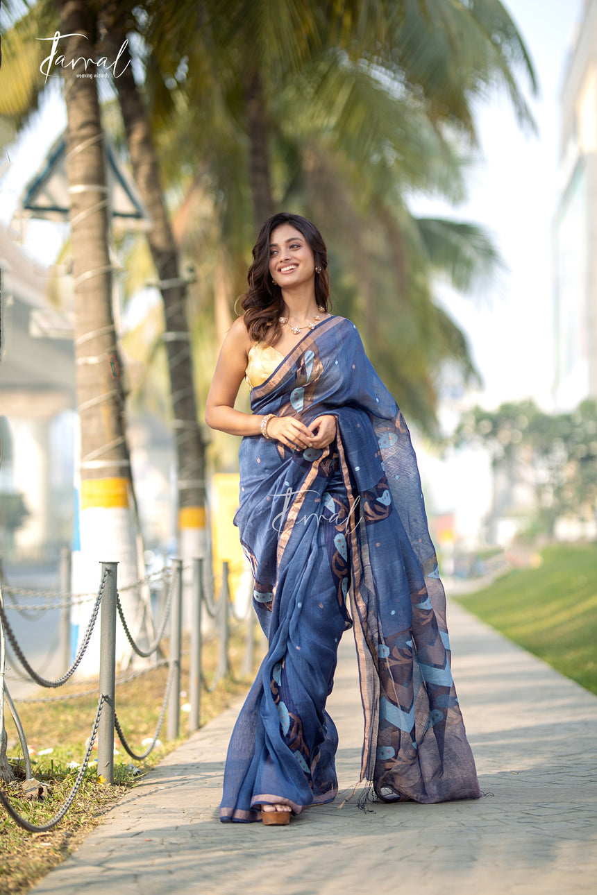 Dusty Indigo Blue With Zari Border Silk Linen Handwoven Jamdani Saree