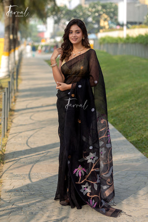 Black With Golden Silver Work Silk Linen Handwoven Jamdani Saree