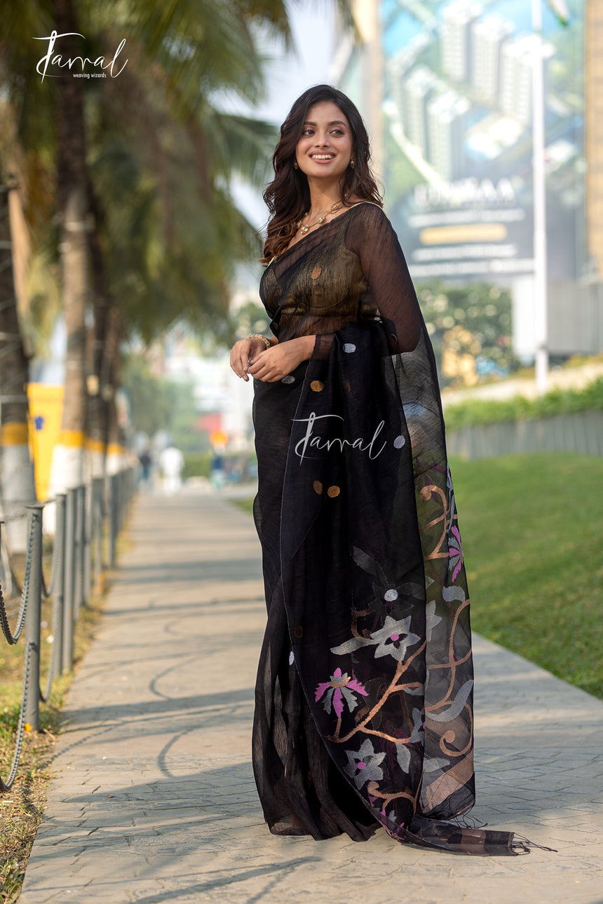 Black With Golden Silver Work Silk Linen Handwoven Jamdani Saree