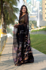 Black With Golden Silver Work Silk Linen Handwoven Jamdani Saree