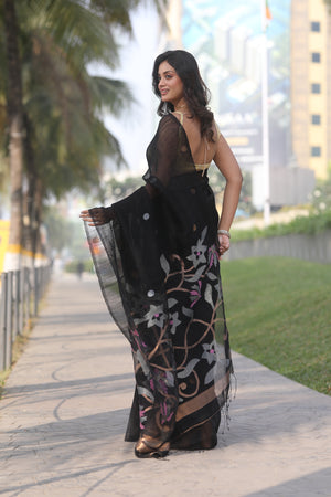 Black With Golden Silver Work Silk Linen Handwoven Jamdani Saree