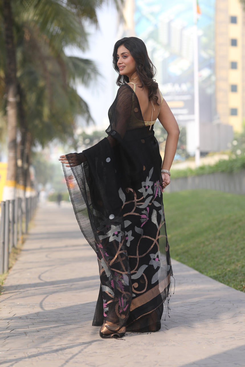 Black With Golden Silver Work Silk Linen Handwoven Jamdani Saree