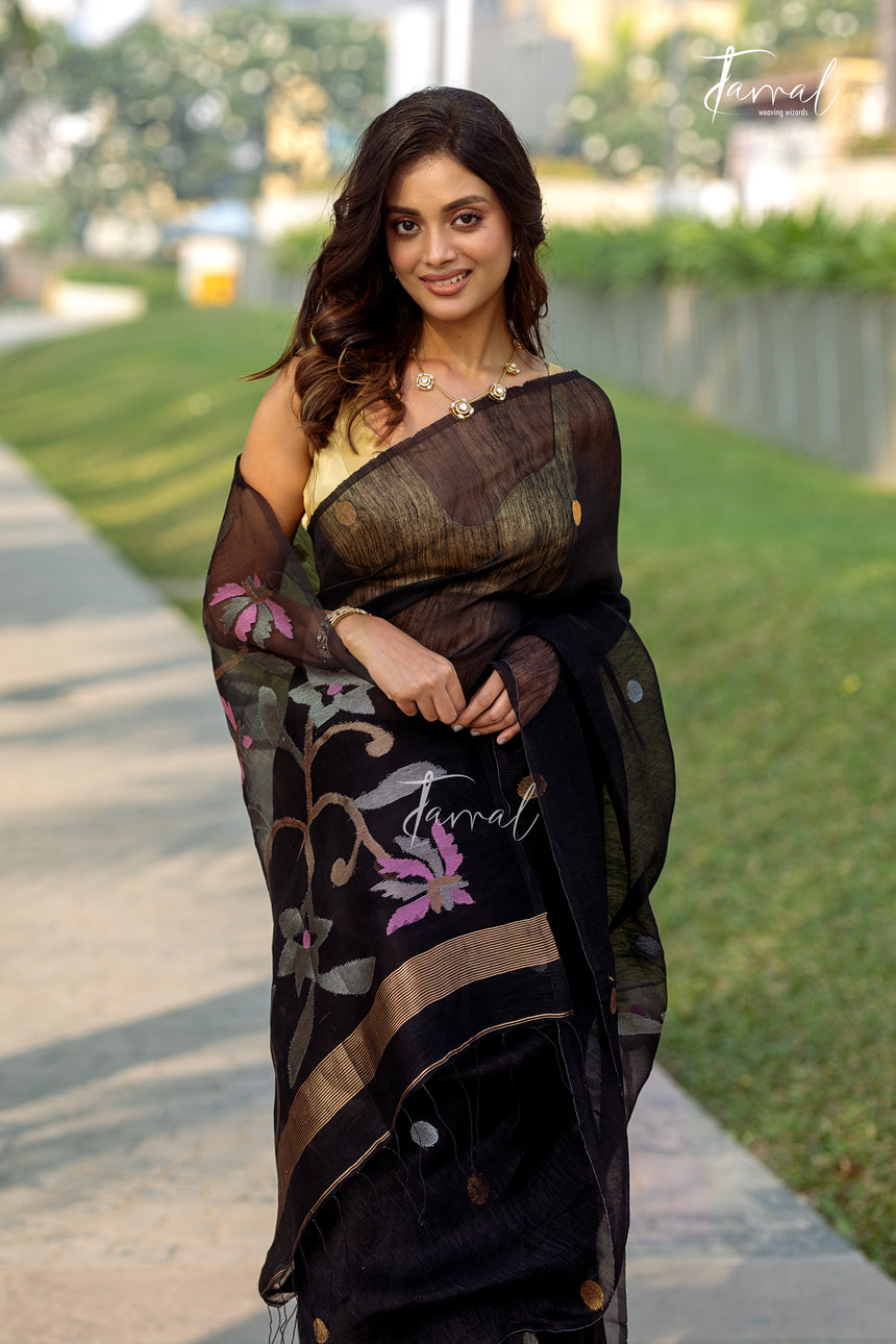 Black With Golden Silver Work Silk Linen Handwoven Jamdani Saree