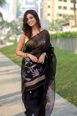 Black With Golden Silver Work Silk Linen Handwoven Jamdani Saree