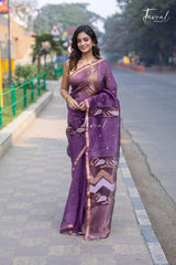 Deep Wine Purple With Zari Border Silk Linen Handwoven Jamdani Saree