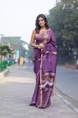 Deep Wine Purple With Zari Border Silk Linen Handwoven Jamdani Saree