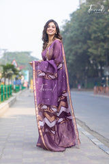 Deep Wine Purple With Zari Border Silk Linen Handwoven Jamdani Saree