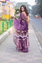 Deep Wine Purple With Zari Border Silk Linen Handwoven Jamdani Saree