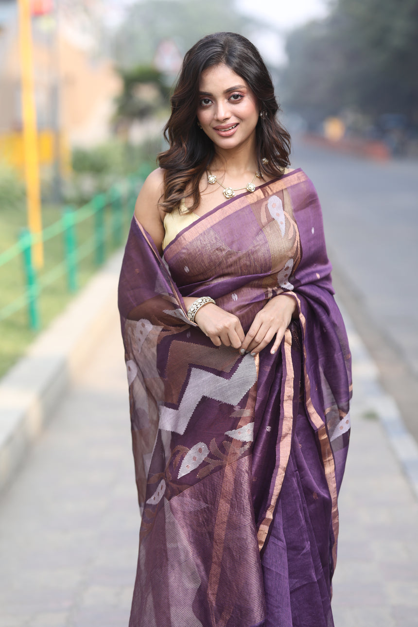 Deep Wine Purple With Zari Border Silk Linen Handwoven Jamdani Saree