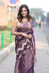 Deep Wine Purple With Zari Border Silk Linen Handwoven Jamdani Saree