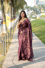 Chocolate Brown Allover Floral Handwoven Tussar Silk Jamdani Saree